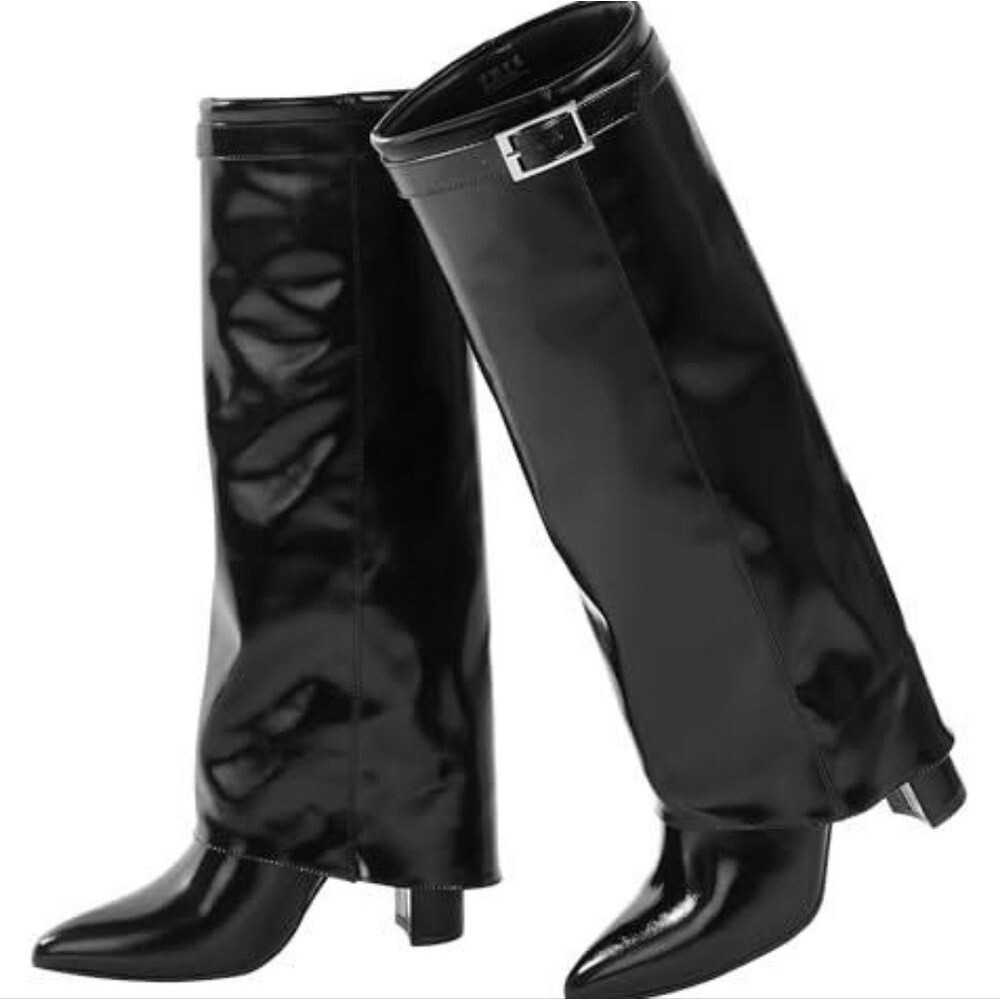 Ankis Fold Over Knee High Vegan Leather Heeled Boots 7.5 - Picture 2 of 6